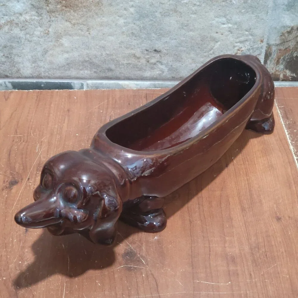 Vintage Dachshund Dog Ceramic Cracker Tray Planter Brown Glazed